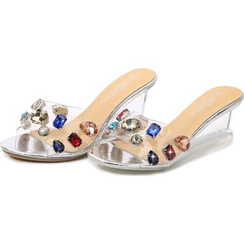 Summer 6cm 8cm Clear Heels Shoes For Women Transparent Wedges Slippers Plus Size Color Rhinestone High Heels Sandals TWS1035