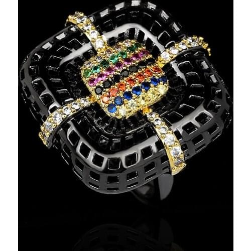 925 Silver Womens Ring Exquisite Black Gold Flower Ring Inlaid Colorful Zircon Geometric Couple Ring Black Gold Jewelry