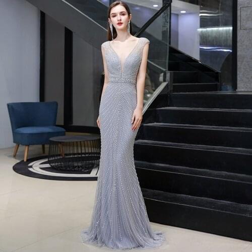 Mermaid Dress Robe De Soiree Rhinestone Sequin Beaded Bridal Evening Lace V-neck Court Train Formal Party Gowns