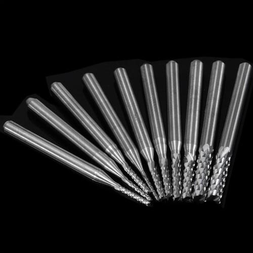10pcs/Set PCB Engraving Cutter 1/8" 0.8-3.175mm Rotary CNC End Mill Silver Spiral Drill Bits