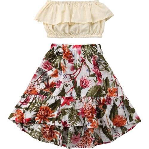 2020 Kids Baby Girl Clothes set Cotton Sleeveless Ruffled Wrapped Chest+Long Floral Skirt 2pcs Outfits For 2-7Y