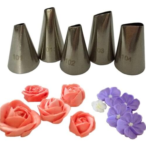 5pcs Flower Petal Nozzles Stainless Steel Cream Icing Piping Nozzle Pastry Tips Set Cake Cupcake Decorating Baking Tools