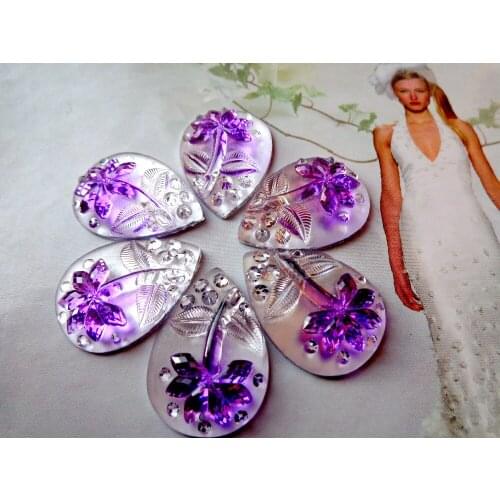 50pcs Sew on rhinestones silver resin crystals drop shape purple Coconut tree 18*25mm flatback 2 holes big gem stone stass