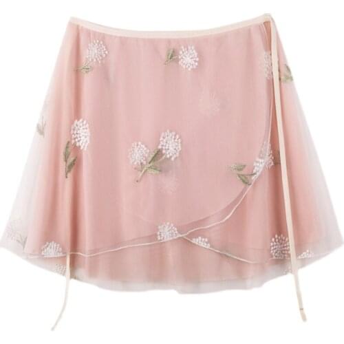 Ballet Tutu Womens Double Veil Skirt Pink Lace Elastic Dandelion Embroidered Skirt Adult Ballet Lyric Dance Skirt