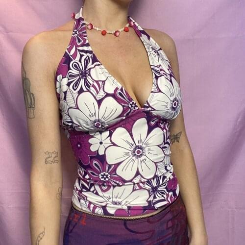 Floral Print Tank Top Sexy Deep V Neck Sleeveless Hailter Y2k Top Streetwear Backless Bandage Casual Summer Tops for Women 2021