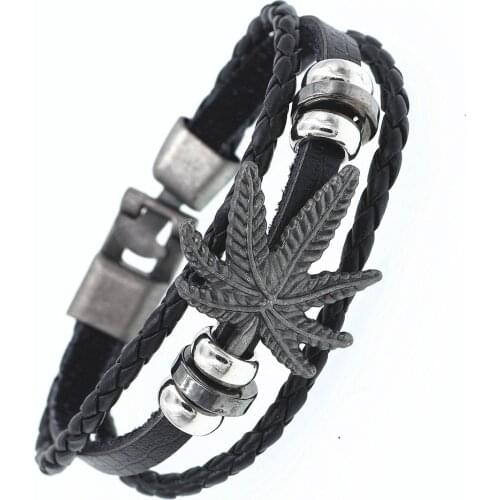 DGW Hot Sale Men leaves PU Leather Bracelet With Vintage Clasp High Quality Jewelry For Men Pulseira