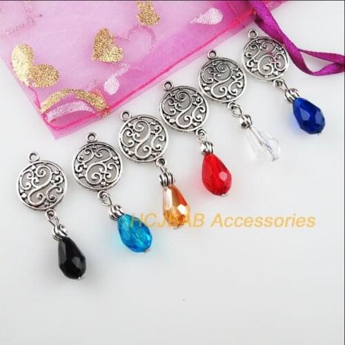 New 12Pcs Tibetan Silver Color Mixed Teardrop Crystal Round Flower Charms Pendants 14x39mm