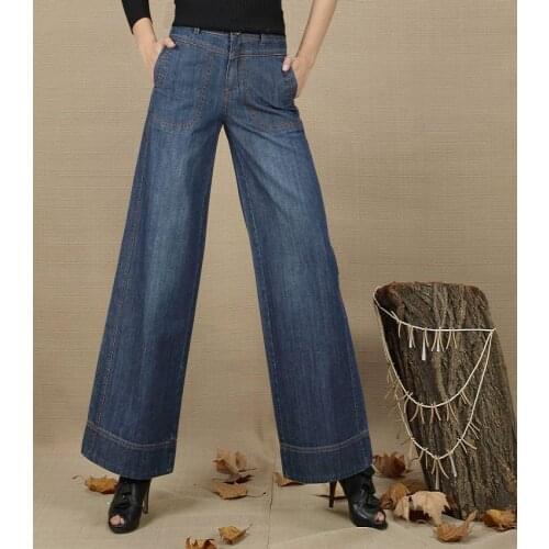 Free Shipping High Quality Plus Size Womens Boot Cut Jeans Lady Fashion High Waist Wide Leg Denim Pants Flares Trousers