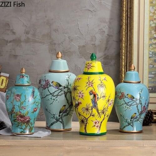 Retro American Ceramic Flower and Bird Pot Creative Round Jar with Lid Home Decor Porch Ornament Candy Small Object Storage Jar