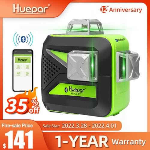 Huepar 12 Lines 3D Cross Line Laser Level With Blut-tooth Function Green Beam Self-leveling Laser Tool with Dry & Li-ion Battery