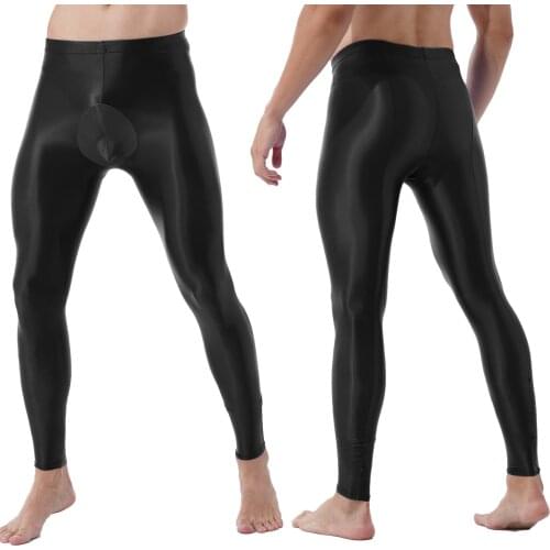 Mens Glossy Bulge Pouch Leggings Solid Color Elastic Waistband Sports Fitness Mid Elastic Stretchy Skinny Pants