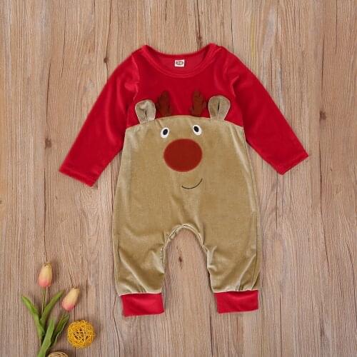 Cute Baby Boys Girl’s Long Sleeve Jumpsuit Cartoon Christmas Elk Patch Stitching Romper Autumn Winter Clothes