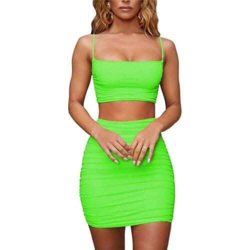 Neon Color Ruched Dress Set Sexy Summer Crop Top And Mini Skirt Set Two Piece Set Outfits
