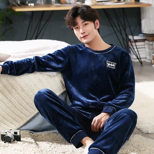 Plus Size Sleepwear Long Sleeve Autumn Winter Warm Flannel Pajamas Sets Long Pant Thicken Male Pyjama Set Loose Leisure Outwear