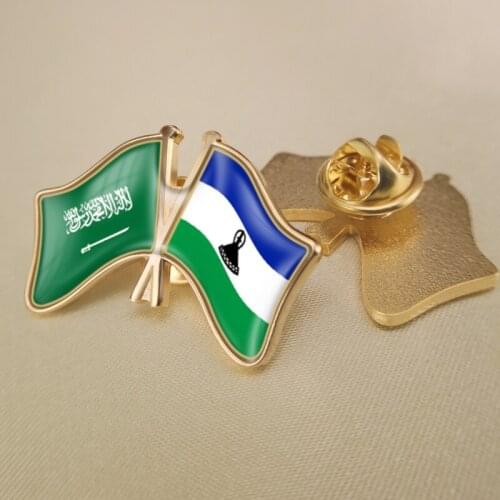 Saudi Arabia and Lesotho Crossed Double Friendship Flags Lapel Pins Brooch Badges