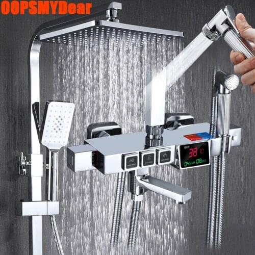 Smart Thermostatic Shower System Bathroom LED Digital Shower Set Wall Mount SPA Rainfall Bath Faucet Hot Cold Square Head Grifo