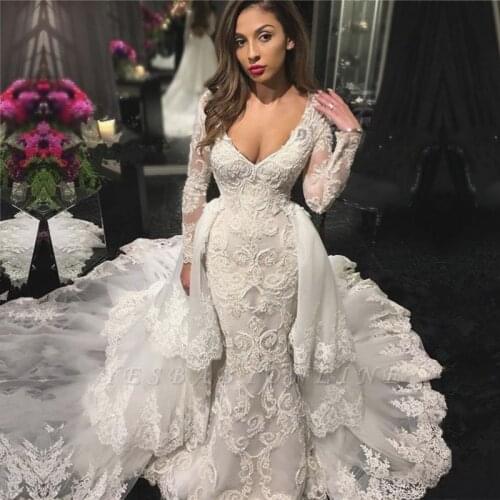 Vestidos De Novia 2021 Wedding Dresses With V-neck Beaded Sexy Mermaid Lace Appliques Long Sleeves Mariage Bride Dresses