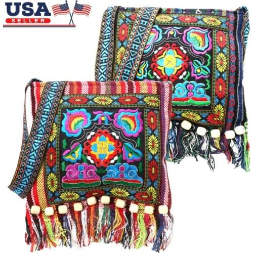 Hmong Vintage Chinese National Style Ethnic Shoulder Bag Traditional Embroidery Boho Hippie Tassel Tote Messenger