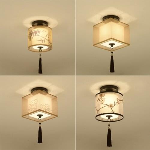 Classic Japanese Led Ceiling Lamp Vintage Retro Suspension Luminaire Fabric Shade Surface Mount Chinese Ceiling Light Fixtures