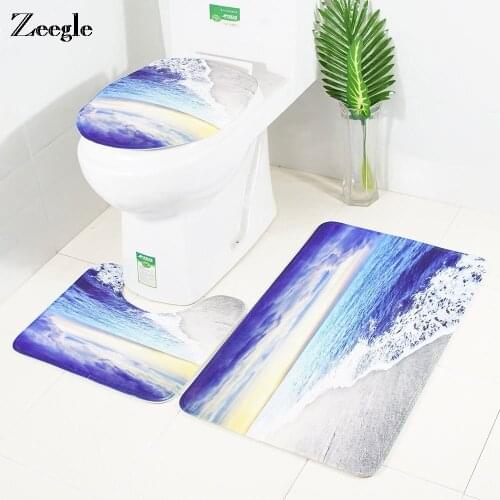 Zeegle Sea Wave Printed Carpet Bathroom Flannel Cover Toilet Bath Mats Set Anti-slip Bathroom Mat Toilet Rugs Shower Room Rug