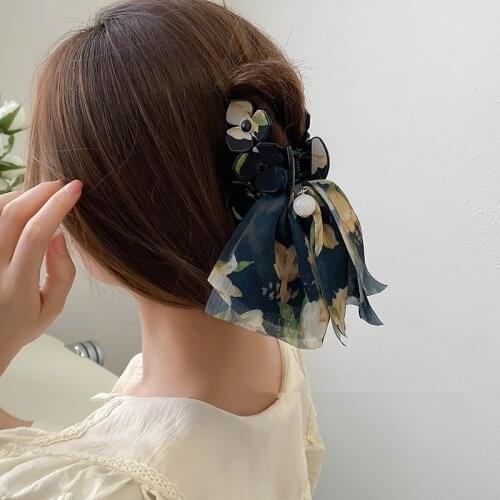 New personality flower net yarn catching clip female summer large back head hair catching shark clip hairpin hair accessories
