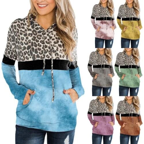 Womens 2021 Autumn and Winter Leopard Print Female Sweatshirt Tie-Dye Stitching Coat Long-Sleeved Pocket Hooded Sweater Top
