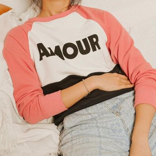 AMOUR Sweatshirt Love Print Hoodie Cotton Long Sleeves Round Neckline Patchwork Warm Pullover Casual Vintage Pull Sweatshirts