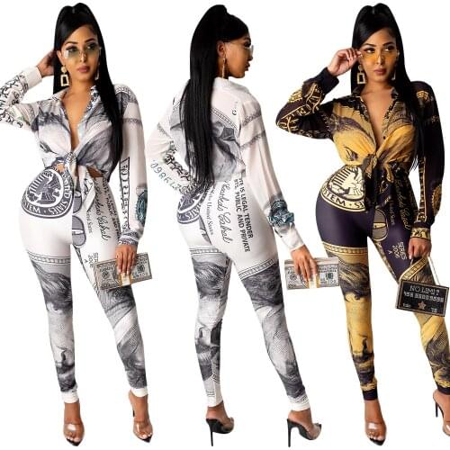Echoine Spring Fall Dollar Print Womens Jumpsuit Fashion Up Long Sleeve Party Club Bodysuit Streetwear V Neck Cut Out Romper
