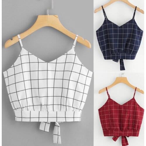 2021 Womens Self Tie Back V Neck Plaid Crop Cami Top Summer Sleeveless Camisole Blouse Casual Tank Tops Camisole Streetwear