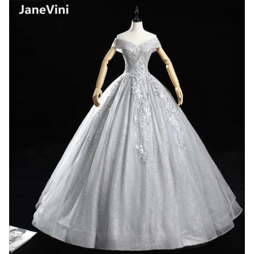 JaneVini Silver Gray Sweet 16 Quinceanera Dresses Ball Gown Luxury Glitter Beading Appliques Vestidos 15 Anos Pageant Prom Gowns