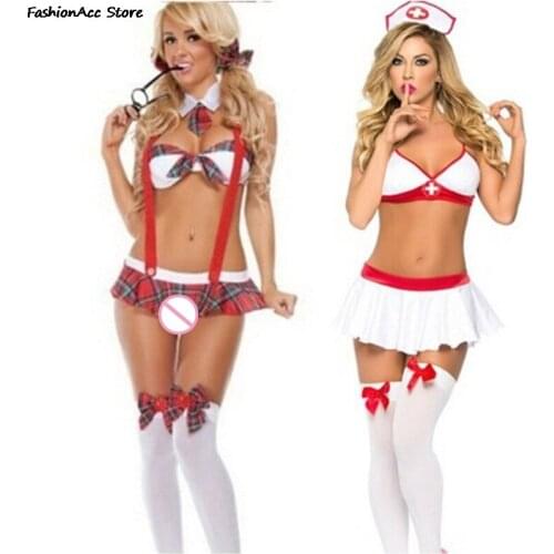 Sexy Girl Lingerie Nurse Or Student Uniform Costume Suspender Halloween Cosplay New Porn Women Sexy Hot Erotic Lingerie