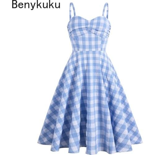 Blue Plaid 50s Summer Dresses Women Vintage Pinup Swing Spaghetti Strap Robe Femme Female Retro Slim Cami Dress Jurken for Party