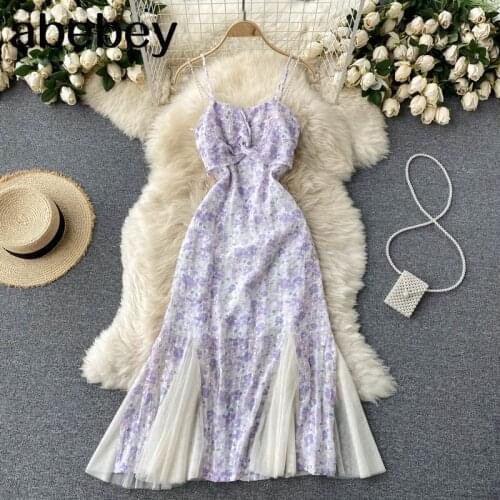 Women Korean Floral Strap Dress Sleeveless V Neck Backless A-line Dresses Summer Bohemian Print Beach Long Dress 2021