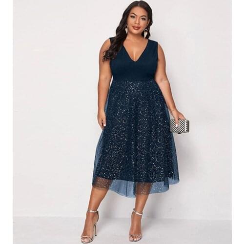 Spring Summer 2021 Dress Plus Size Women V Neck Sleeveless High Waist Sequined Elegant Party Dress Maxi Long Dresses