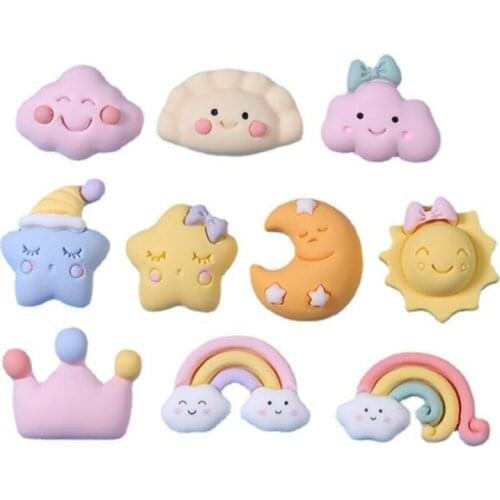 Julie Wang 10PCS Resin Cartoon Charms No Hole Mixed Sun Moon Star Rainbow Cloud Crown Jewelry Making Accessory Decoration