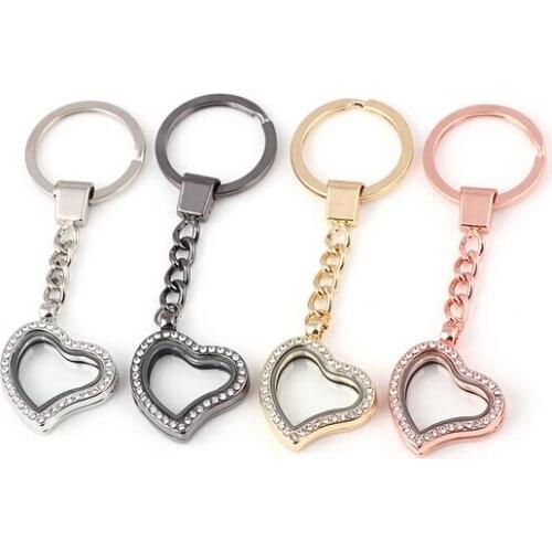 10PCS/lot Mix Colors Rhinestones Heart Locket Key Chain Magnetic Glass Living Floating Locket Pendant Keychains