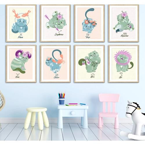 Cute Cartoon Cat Flower Constellation Nursery Nordic Posters And Prints Wall Art Canvas Painting Wall Pictures Child Room Decor