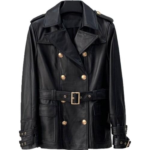 2021 Autumn New Leather Clothes Womens Double Breasted Leather Jacket Lace Up Sheep Skin Locomotive Casual Coat Fashion