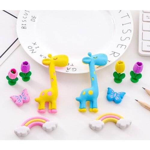 5pcs/lot Lovely Cartoon Giraffe Rainbow Flower Eraser Rubber Child Gift Pencil Writing Supplies Office School stationery