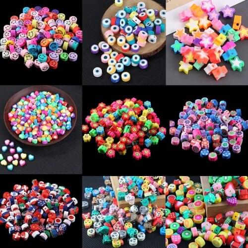 50pcs/bag 10mm Polymer Clay Beads Mixed Animal Fruit Flower Heart Letter Star Spacer Beads For Jewelry Making DIY Bracelet