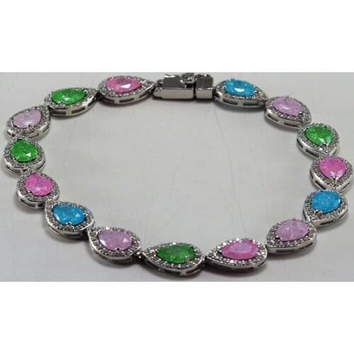 925 Sterling Silver Bracelet with Rainbow Drop Stone Awesome Christmas Gift Pink-Blue-Green (White Cord)