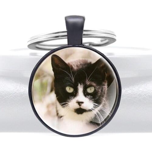 Cute Cat Pattern Classic Fashion Glass Dome Keychains Men Women Keyring Jewelry Gifts