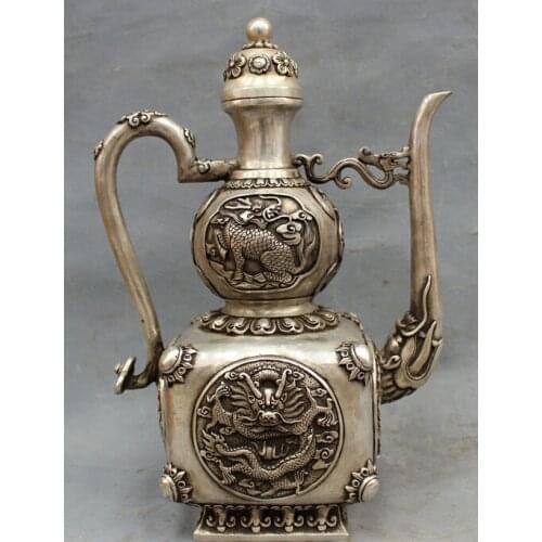 Fast shipping USPS to USA S1552 14" Tibet Silver Buddhism FengShui Dragon Kylin Flower Statue Wine Pot Teapot
