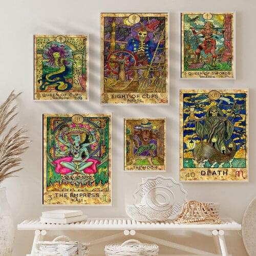 Color The Moon Werwolf Kali Death Queen Of Swords Cards, Tarot Handmade Patterning Illustration Poster, Old Wall Picture Decor