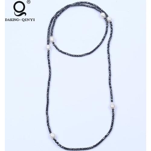 Long Black Hematite Bead Necklace Designs With Freshwater Pearls