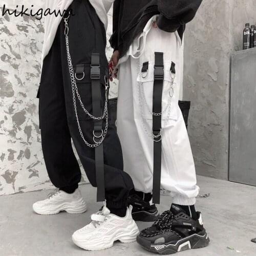 Hikigawa Korean Fashion Cargo Pants Harajuku Streetwear BF Pocket Chain Trousers Loose Casual Pantalon 2021 New Bottoms 96835