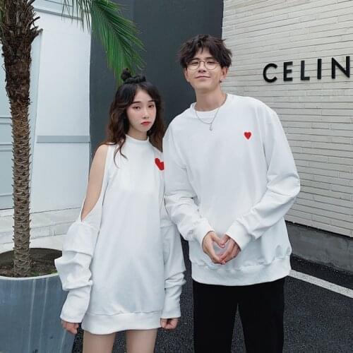 Korean Couple Matching Clothes College School Pair Lovers White Hoodie Dress Sweatshirt Women Men Open Shoulder Outfit Wear Set