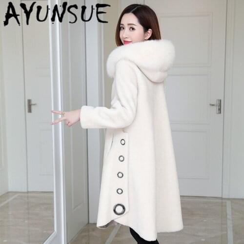 AYUNSUE 100% Wool Fur Coat Female Real Fox Fur Collar Hooded Woman Jacket Winter Clothes Women 2020 Abrigos De Mujer 5W18176 LW
