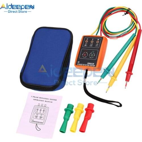SM852B 3 Phase Rotation Tester Digital Phase Indicator Detector LED Buzzer Phase Sequence Meter Voltage Tester AC 60V-600V