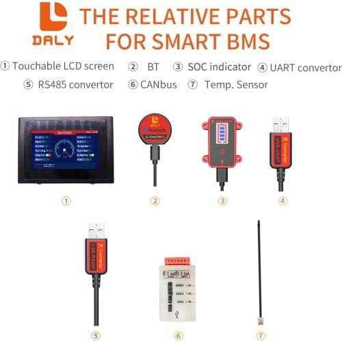 Smart BMS accessory bluetooth USB to UART RS485 cable CANbus Power board Touch LCD screen for daly 3s 4s 5s 6s 10s 13s 14s bms